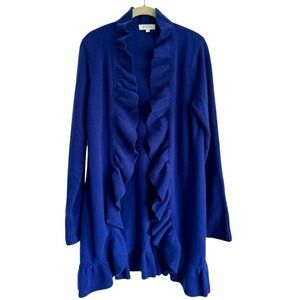 Kinross Cashmere Royal Blue Longline Open Front Cardigan Sweater Ruffle Trim L